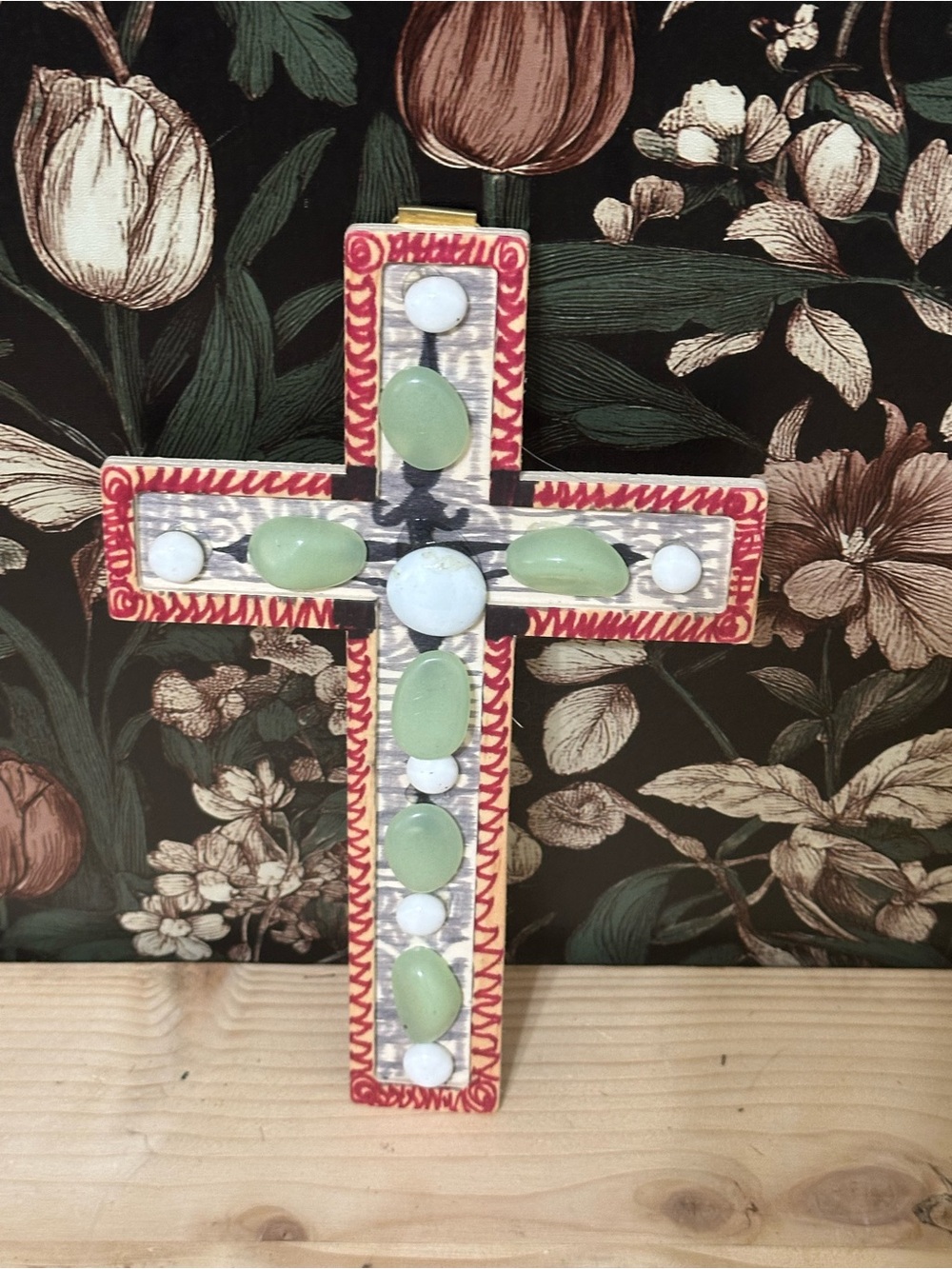 White Red Green Glass Wood Cross